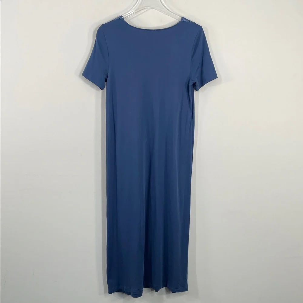 Hanro Moments Blue Mercerized Cotton Lace V-Neck Nightgown Sleep Dress Small